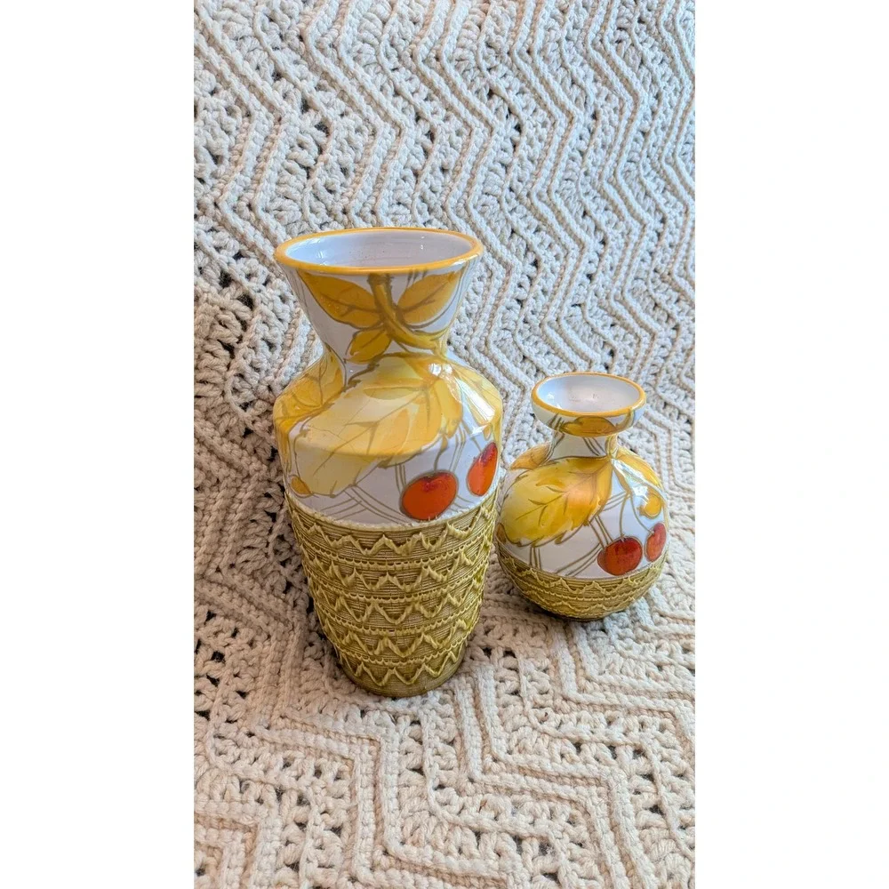 Vintage Italian FRATELLI FANCIULLACCI Pottery Vase Set Hand Painted Yellow Leaf